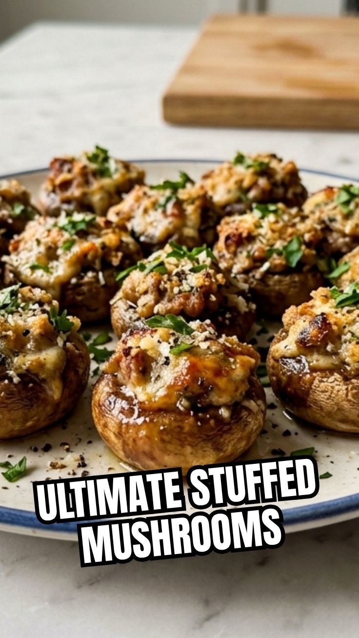 A platter of freshly prepared stuffed mushrooms, garnished with herbs.