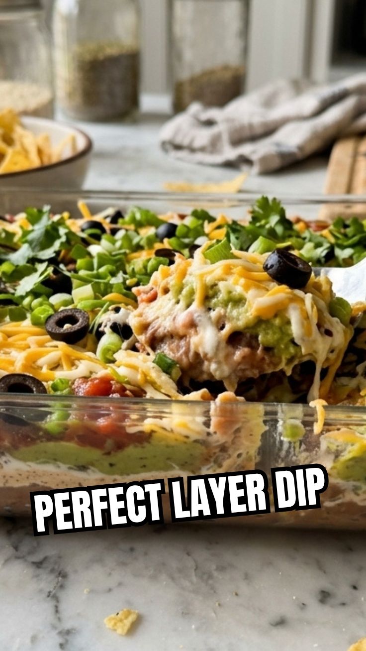 A large bowl of seven layer dip, ready to serve