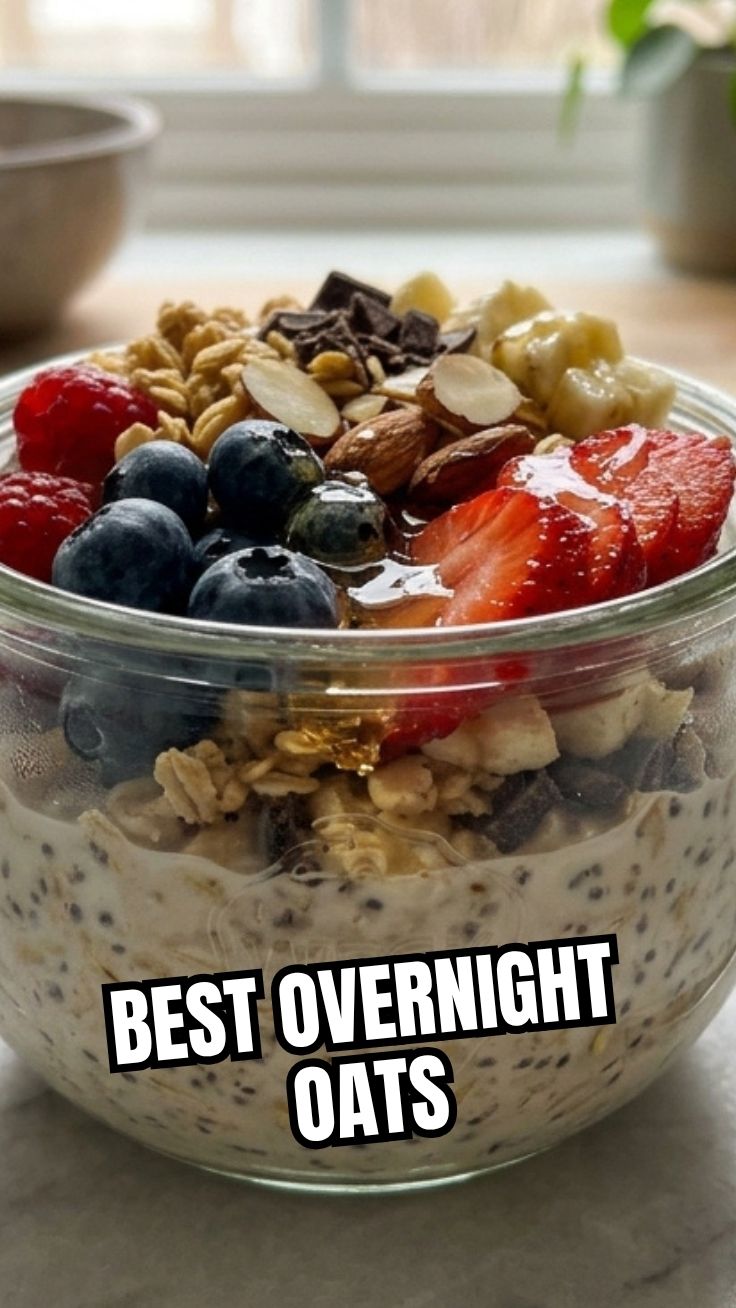 A jar of prepared overnight oats with berries and nuts on top