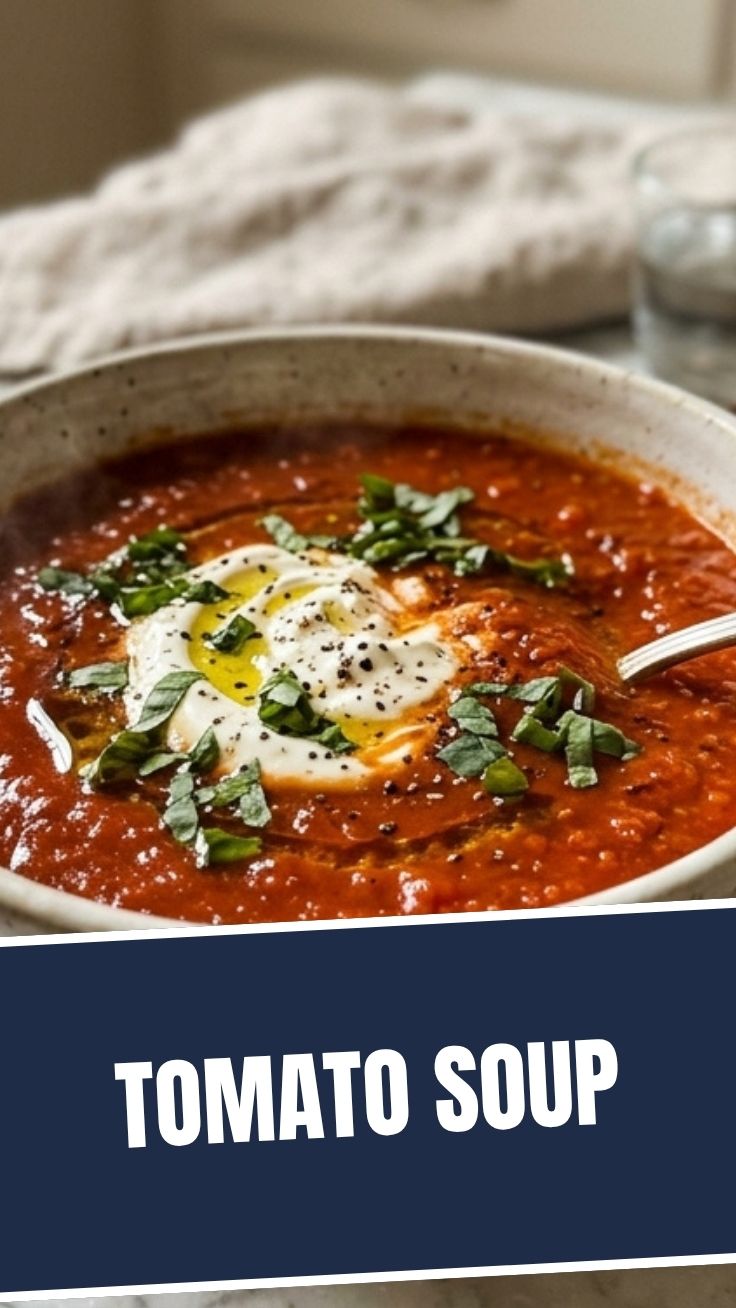 A steaming bowl of warm tomato soup, perfect for a cold day.