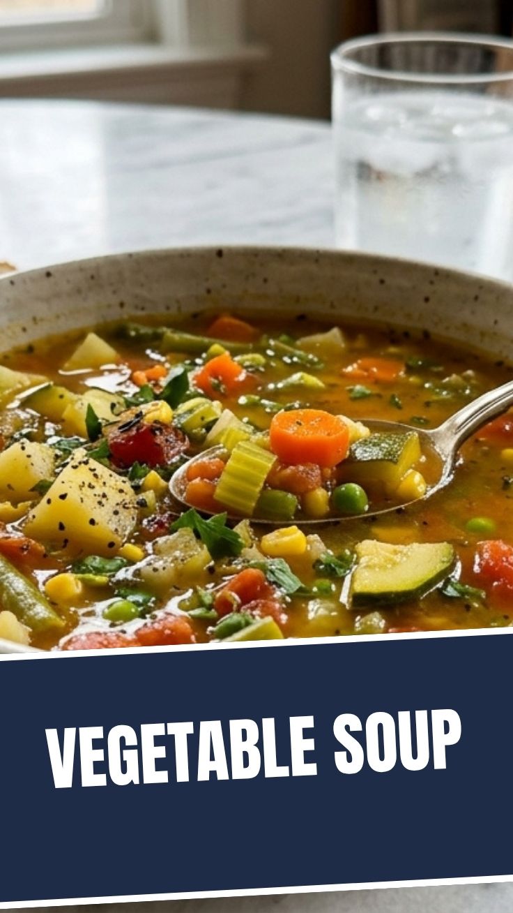 A steaming bowl of colorful vegetable soup, rich with garden-fresh ingredients.