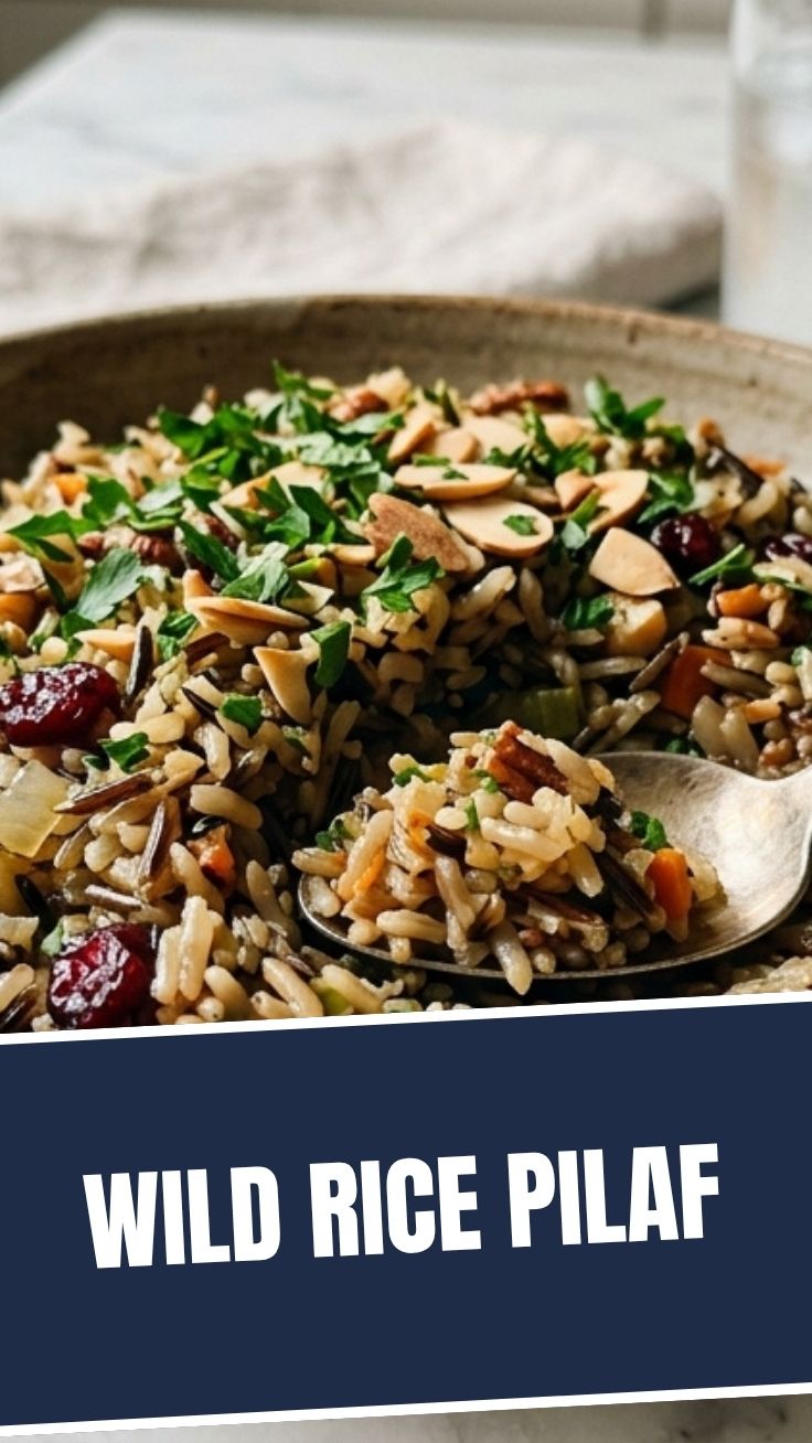 A close-up of a bowl of fluffy wild rice pilaf with herbs.